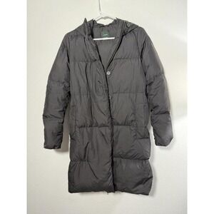 J. Crew Long Down Puffer Coat Womens XS Black Removable Hood Preppy Full ZIp
